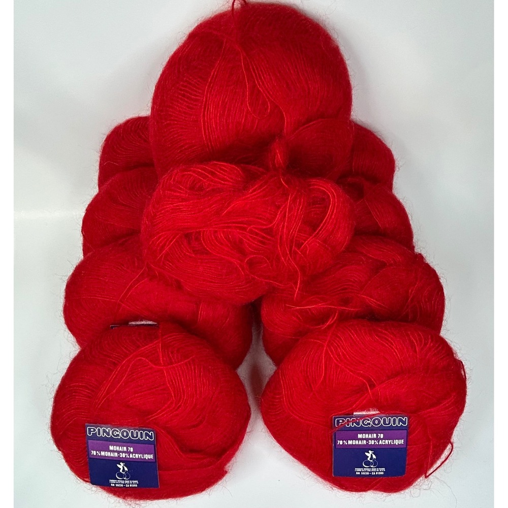 PINGOUIN MOHAIR 70 Made in FRANCE Yarn Vintage Red Color-31 9-1/2 Balls 50g ea